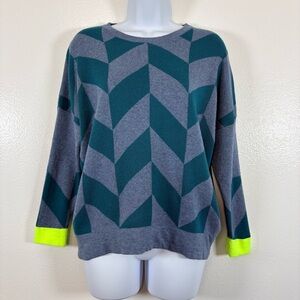 WISPR Geometric Knit Sweater Gray Teal Neon Cuffs Cotton Silk Blend Size XS